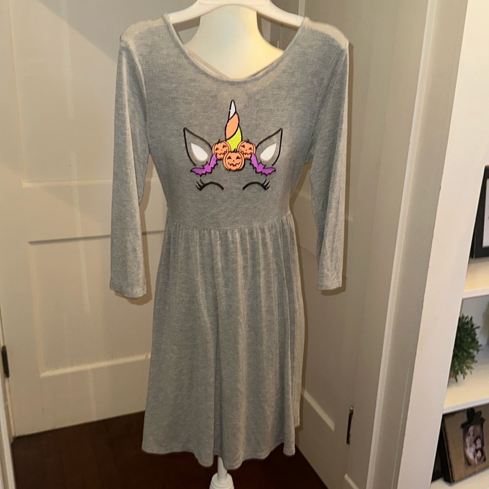 Girls Justice Gray Crisscross Unicorn Pumpkin Halloween Dress Size 14/16